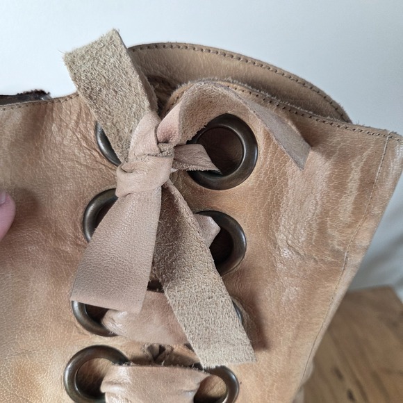 VTG Tan Leather Side Lace Up Heeled Vintage Boots Size 8 Carson Chocolate Blue - Picture 13 of 16